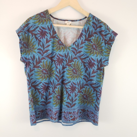 Anthropologie Tiny Women's Blue Floral V-Neck Cap Sleeve Blouse - Picture 2 of 8